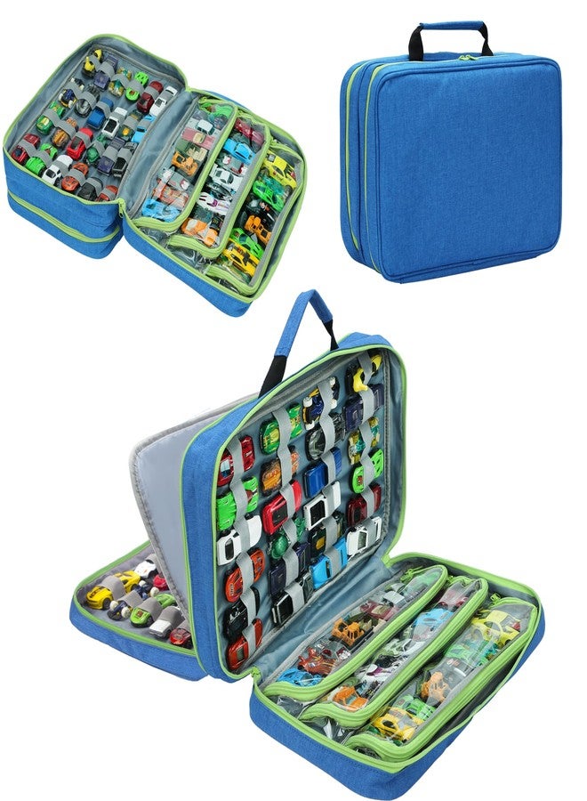 KISLANE Toy Car Storage Case with Elastic Bands and PVC Compartments - Holds 105 Diecast Cars, Matchbox Cars Storage Case, Portable Carrying case with Zipper Pockets (Blue) - Image 1